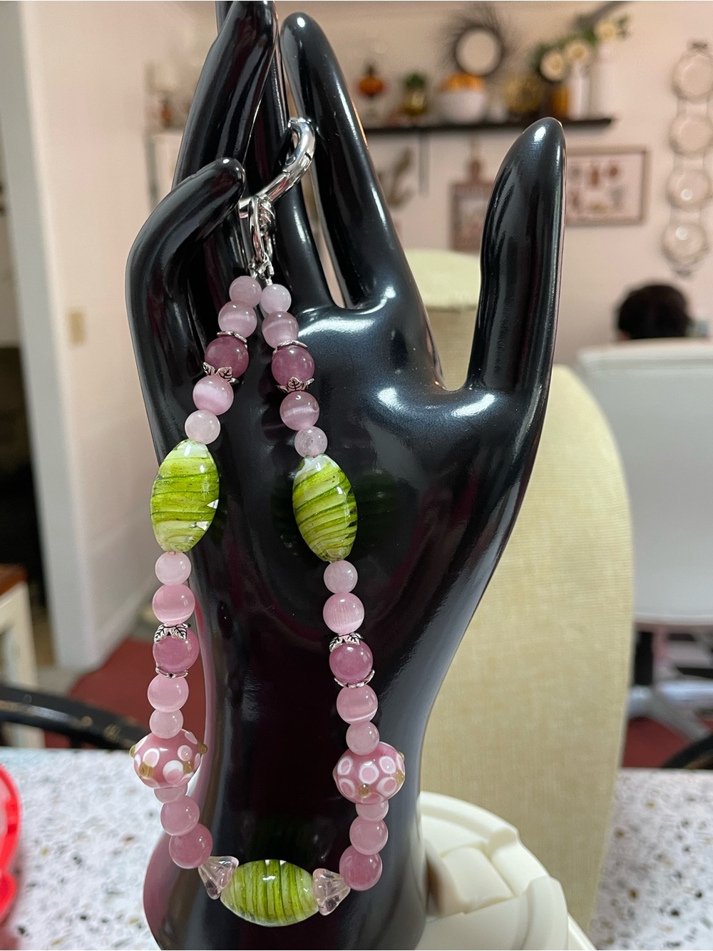 Artisan Made Art Glass and Rose Quartz Keychain Bracelet